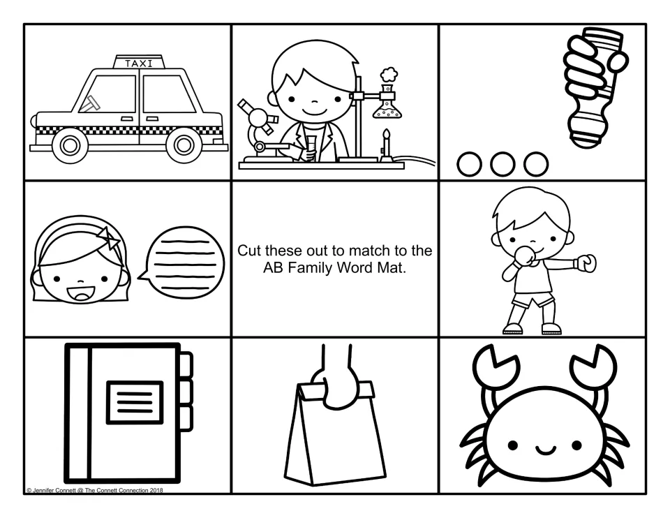 Black-and-white picture cards to cut out and match to -ab words: taxi, scientist, dauber, talker, boxer, binder, bag, crab