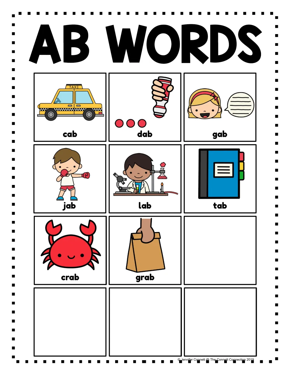 Color AB word family poster featuring pictures labeled cab, dab, gab, jab, lab, tab, crab, and grab.