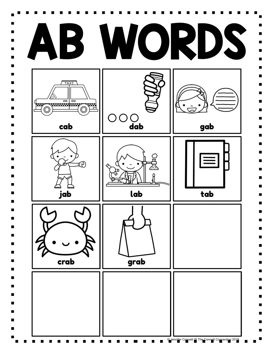 Black-and-white AB word family poster with pictures labeled cab, dab, gab, jab, lab, tab, crab, and grab.