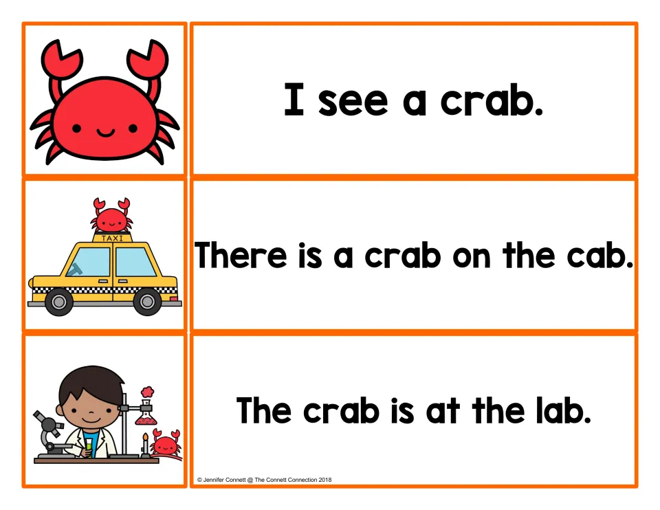 -ab word family matching cards: students pair crab, cab and lab pictures with sentences like I see a crab.