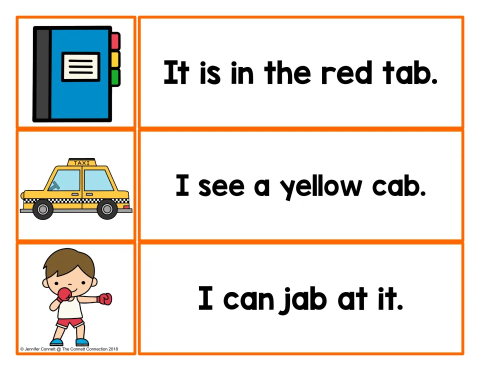 -ab word sentence cards: students match a binder tab, yellow taxi and boxing boy to sentences using tab, cab and jab