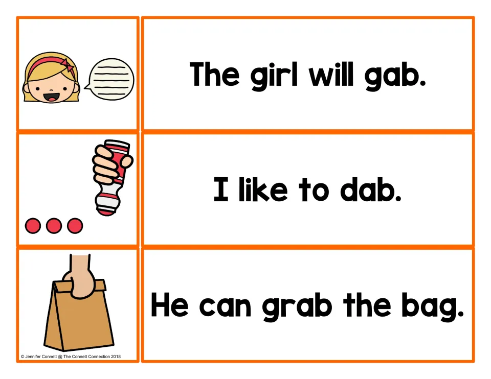 Reading -ab words: students match a talking girl, dot marker and paper bag to sentences with gab, dab and grab