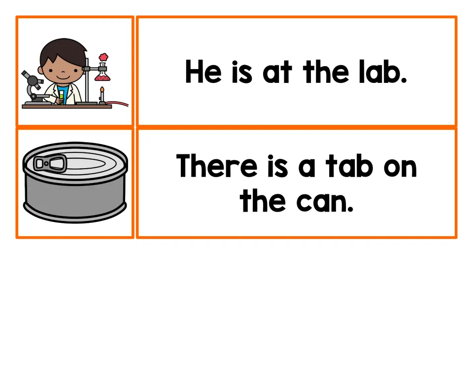Final -ab cards: students match a boy in a science lab and a can with a pull tab to the lab and tab sentences