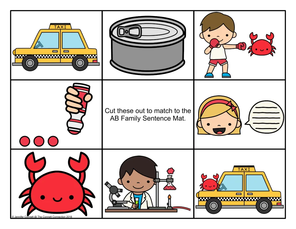 Colour picture cards for -ab sentences: taxi, can tab, boy jabbing a crab, dabber, girl talking, crab, lab, crab on cab