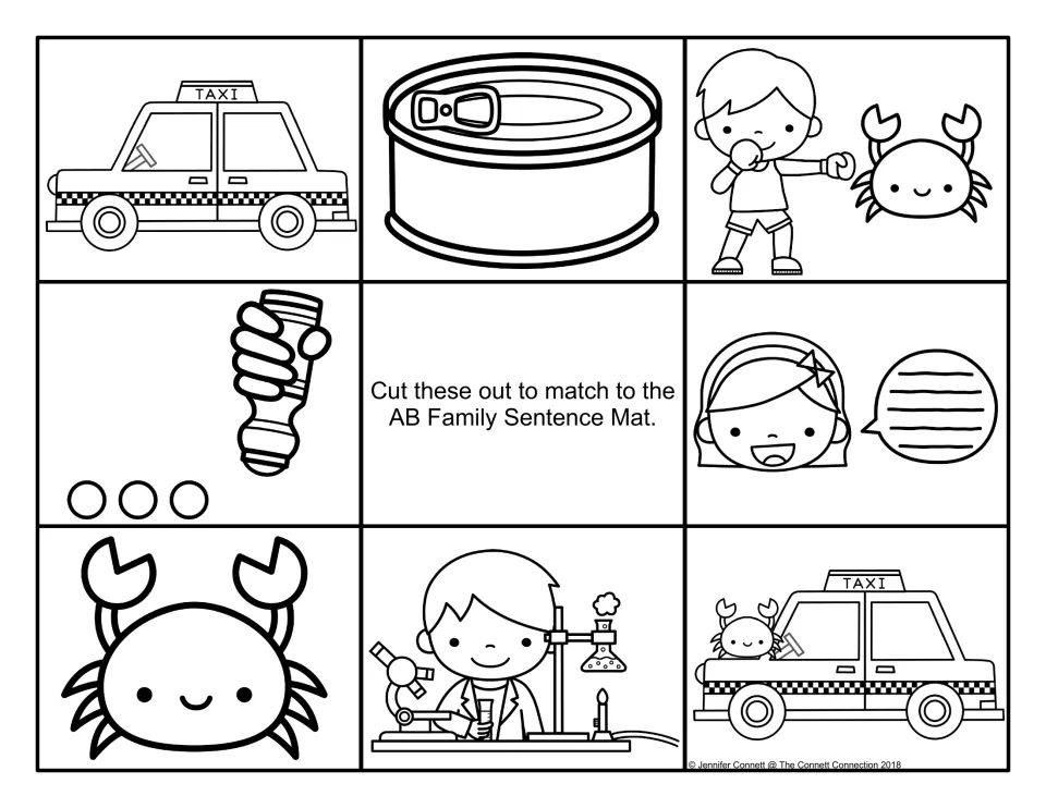 Black-and-white version of the -ab picture cards: cab, can, crab, dabber, girl talking, scientist in a lab