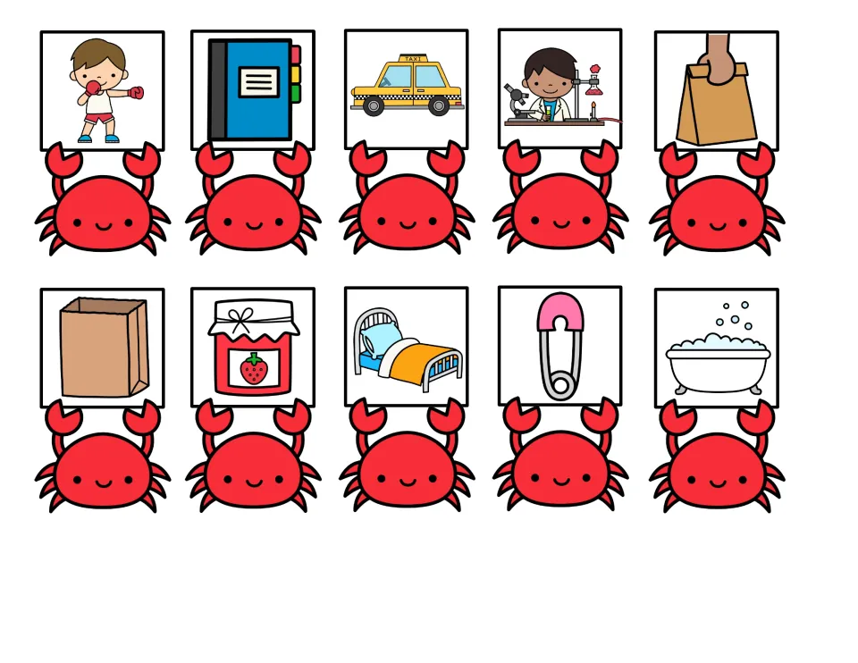 Picture cards held by crabs: taxi, boxer, scientist, jam jar, bed, bathtub and more to sort by -ab sound or not