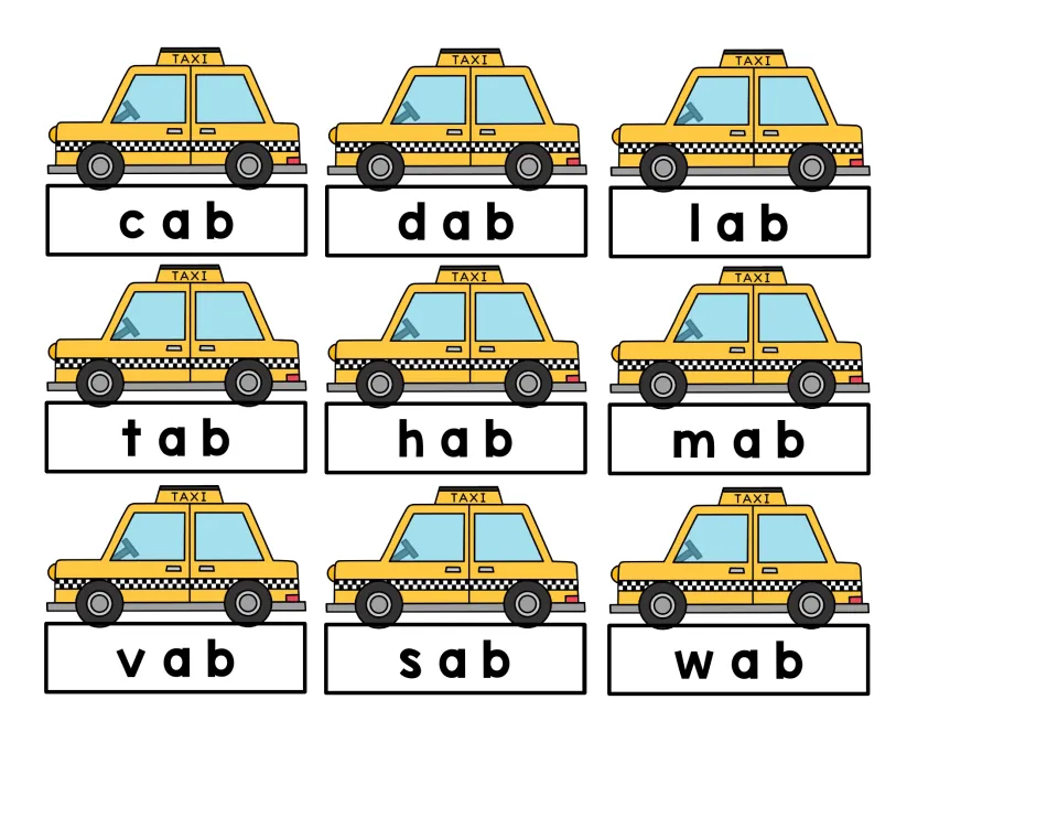 Taxi word cards for real vs. nonsense -ab words: cab, dab, lab, tab alongside made-up hab, mab, vab, sab and wab