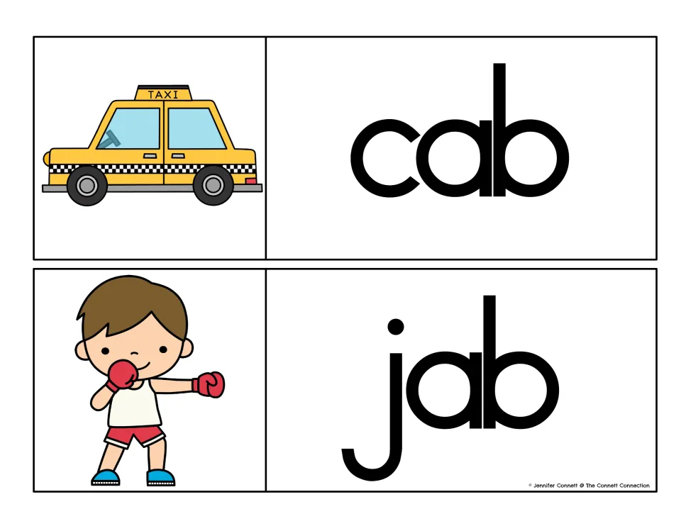 -ab word family cards: students read cab beside a taxi picture and jab beside a boxing boy, matching each word to its image