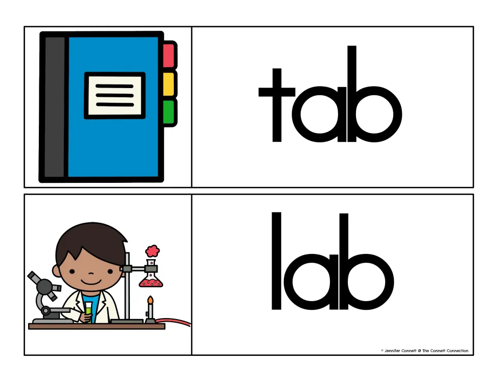 Short a -ab words tab and lab in black print, paired with a tabbed binder and a child doing a science experiment