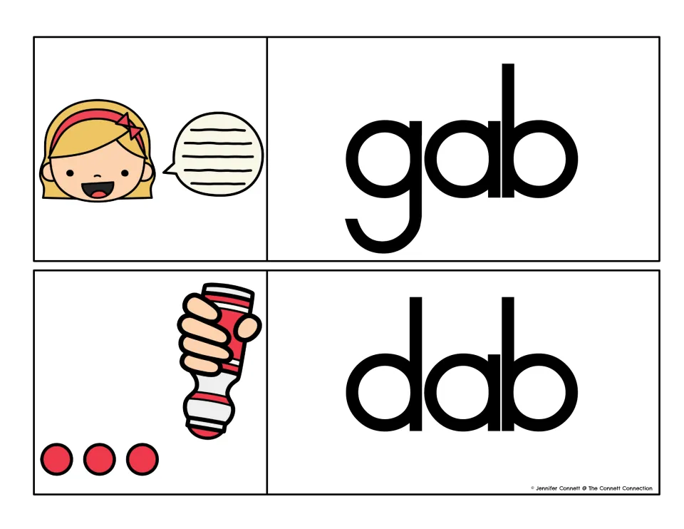 Rhyming -ab picture cards for gab and dab: a talking girl with a speech bubble and a hand dabbing red dots with a marker