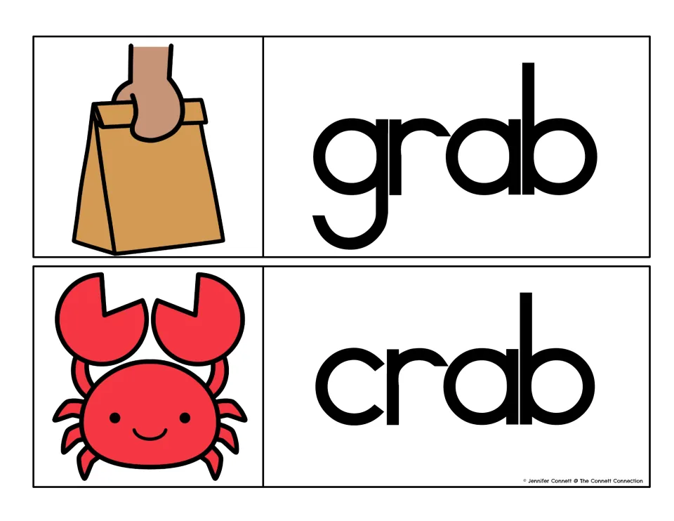 Blends in the -ab family: students read grab beside a hand holding a paper bag and crab beside a smiling red crab