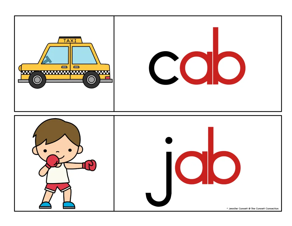 Color-coded version of cab and jab with the -ab rime printed in red so students can spot the shared word family ending