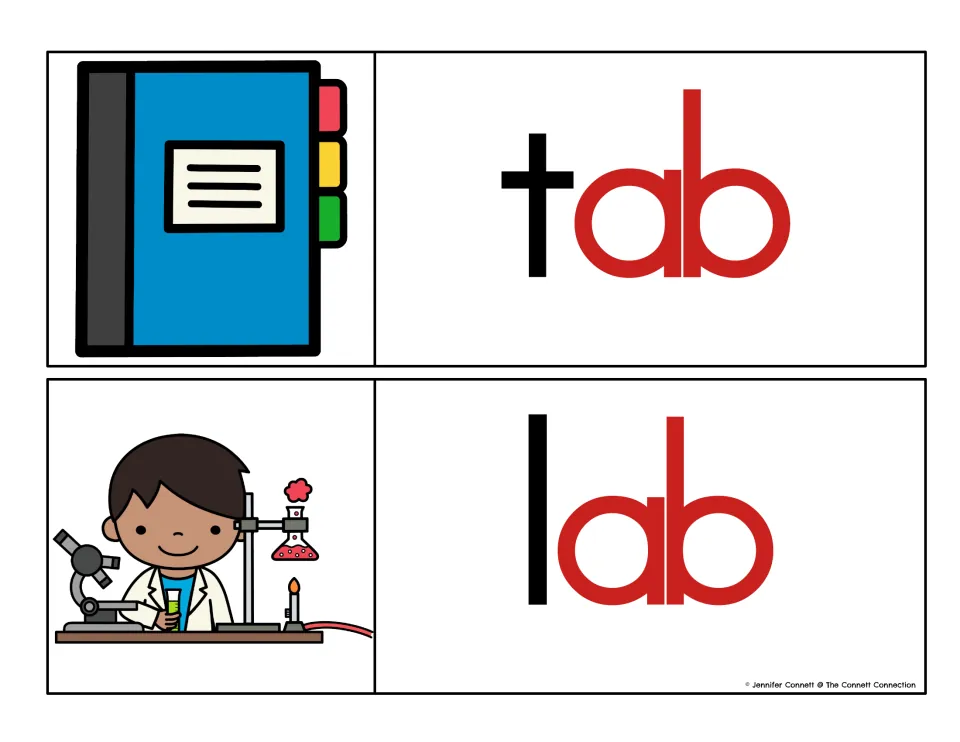 Tab and lab cards with the onset in black and -ab in red, pictured with a tabbed binder and a child at a lab bench