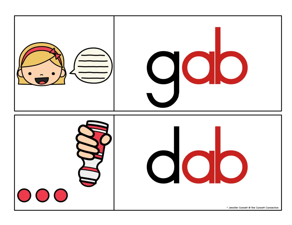 Gab and dab with the -ab ending in red to show onset and rime, illustrated by a chatting girl and a dot marker making dots