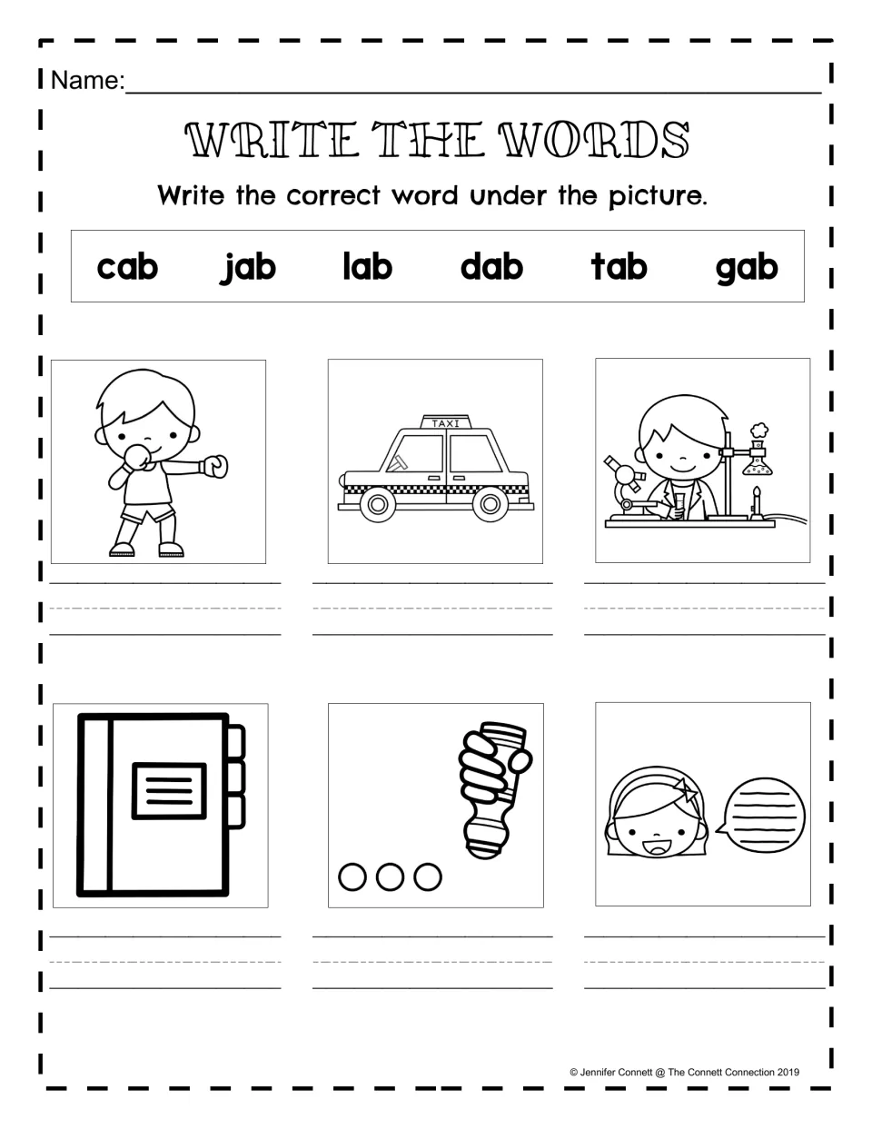 Write the Words: students label six pictures with -ab words from a bank of cab, jab, lab, dab, tab and gab