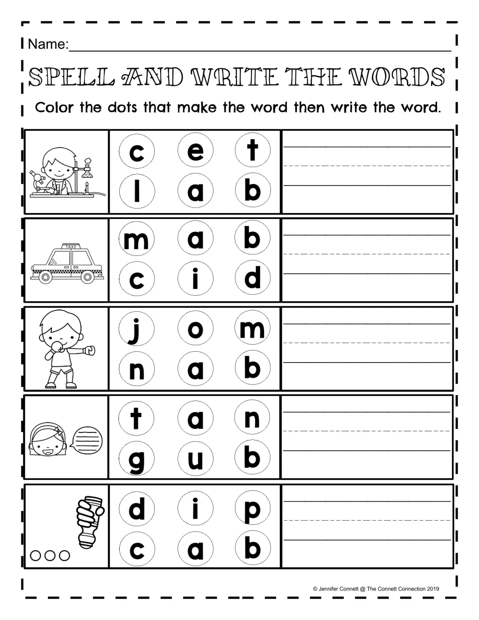 Spell and Write the Words: students color letter dots to build lab, cab, jab, gab and dab, then write each -ab word