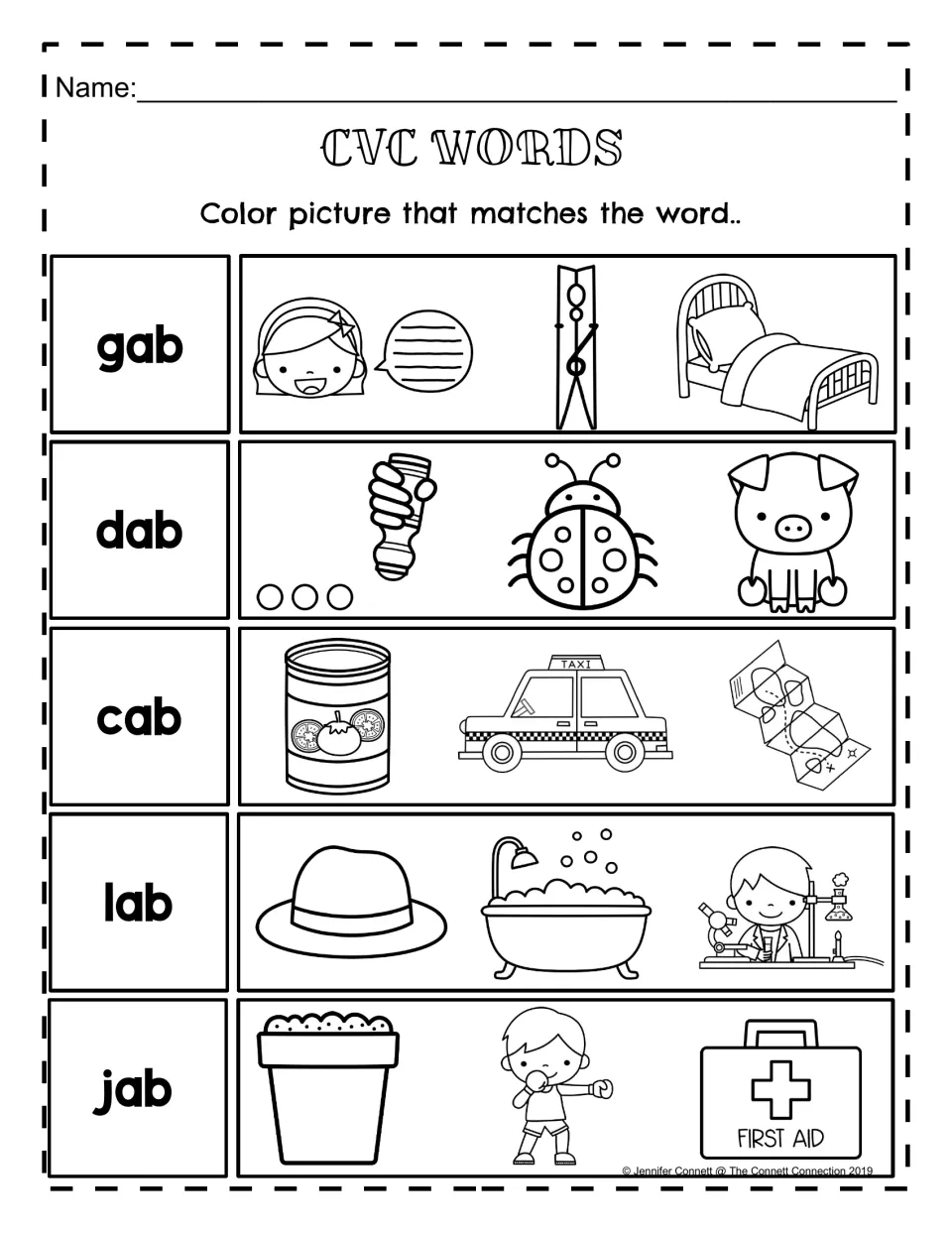 CVC Words picture match: for gab, dab, cab, lab and jab, students color the one of three pictures that shows the word