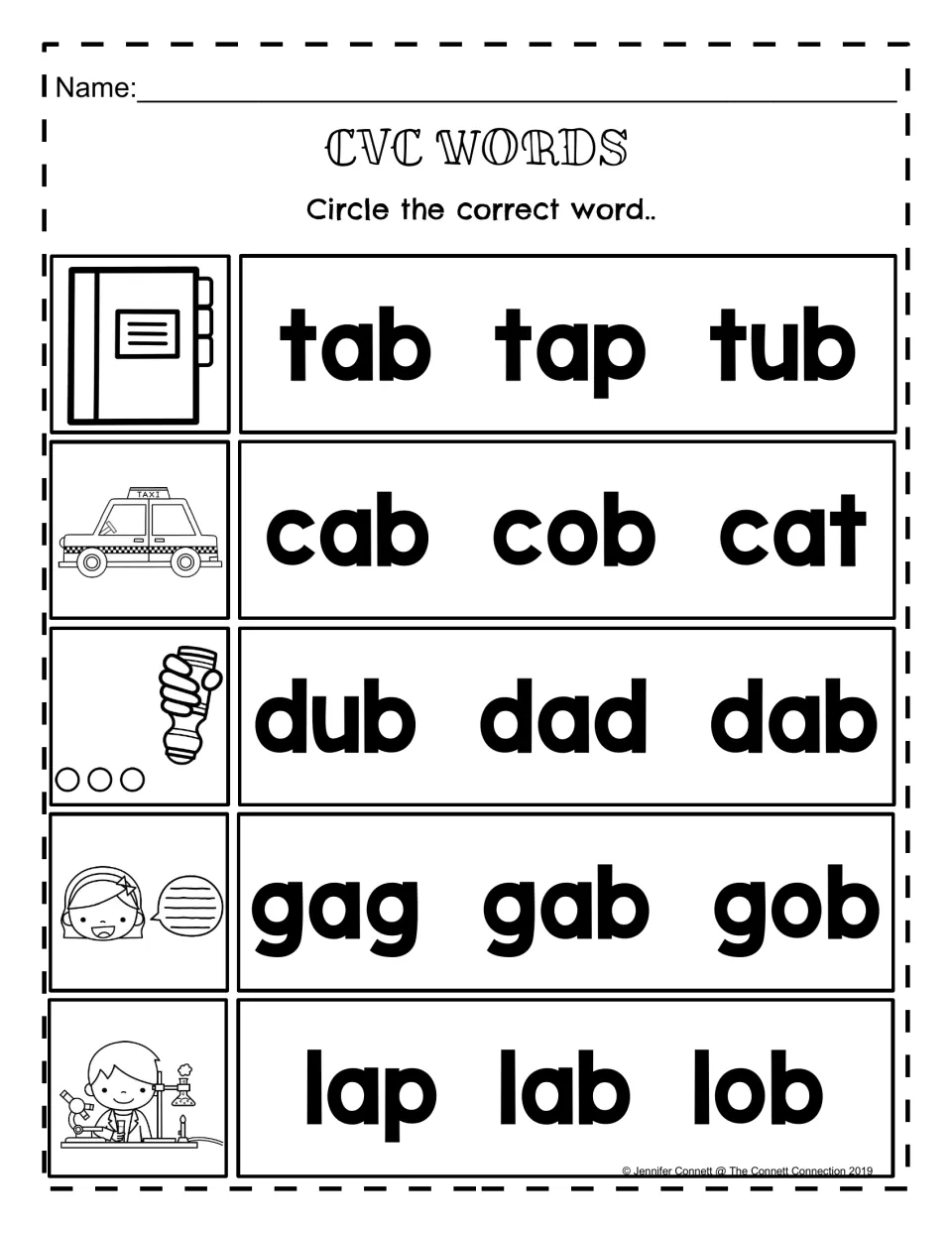 CVC Words: students circle the -ab word that names each picture, choosing between near-misses like tab, tap and tub