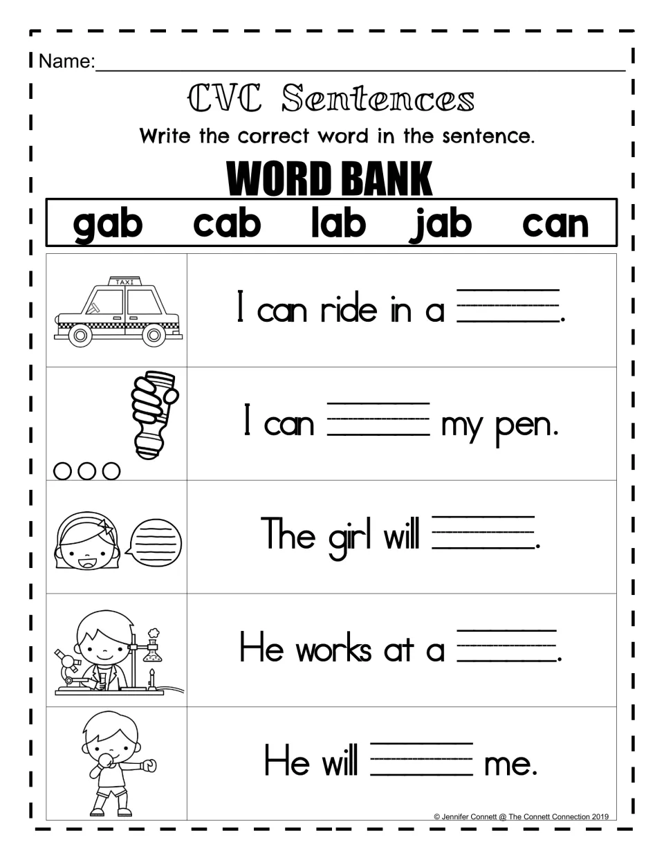 CVC Sentences: students complete five picture-cued sentences with gab, cab, lab or jab, using a word bank with can