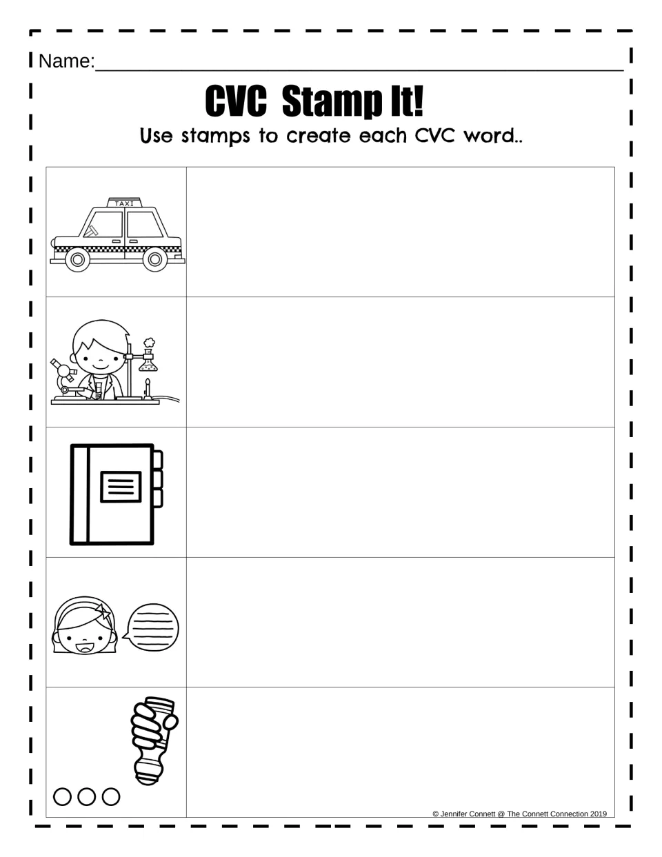 CVC Stamp It!: students use letter stamps to build the -ab word for each picture: cab, lab, tab, gab and dab