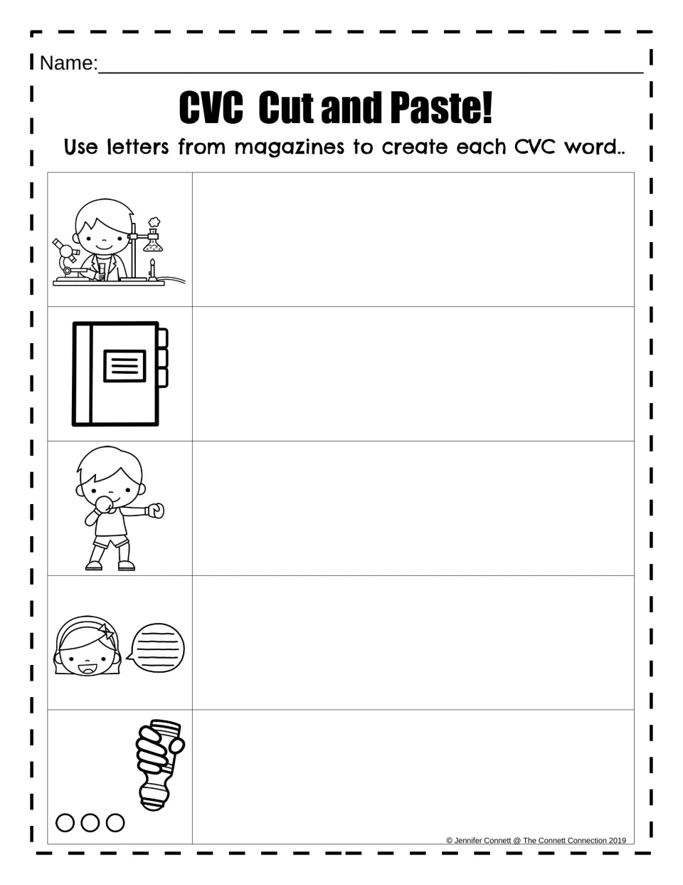 CVC Cut and Paste!: students cut letters from magazines to build -ab words for pictures of lab, tab, jab, gab and dab