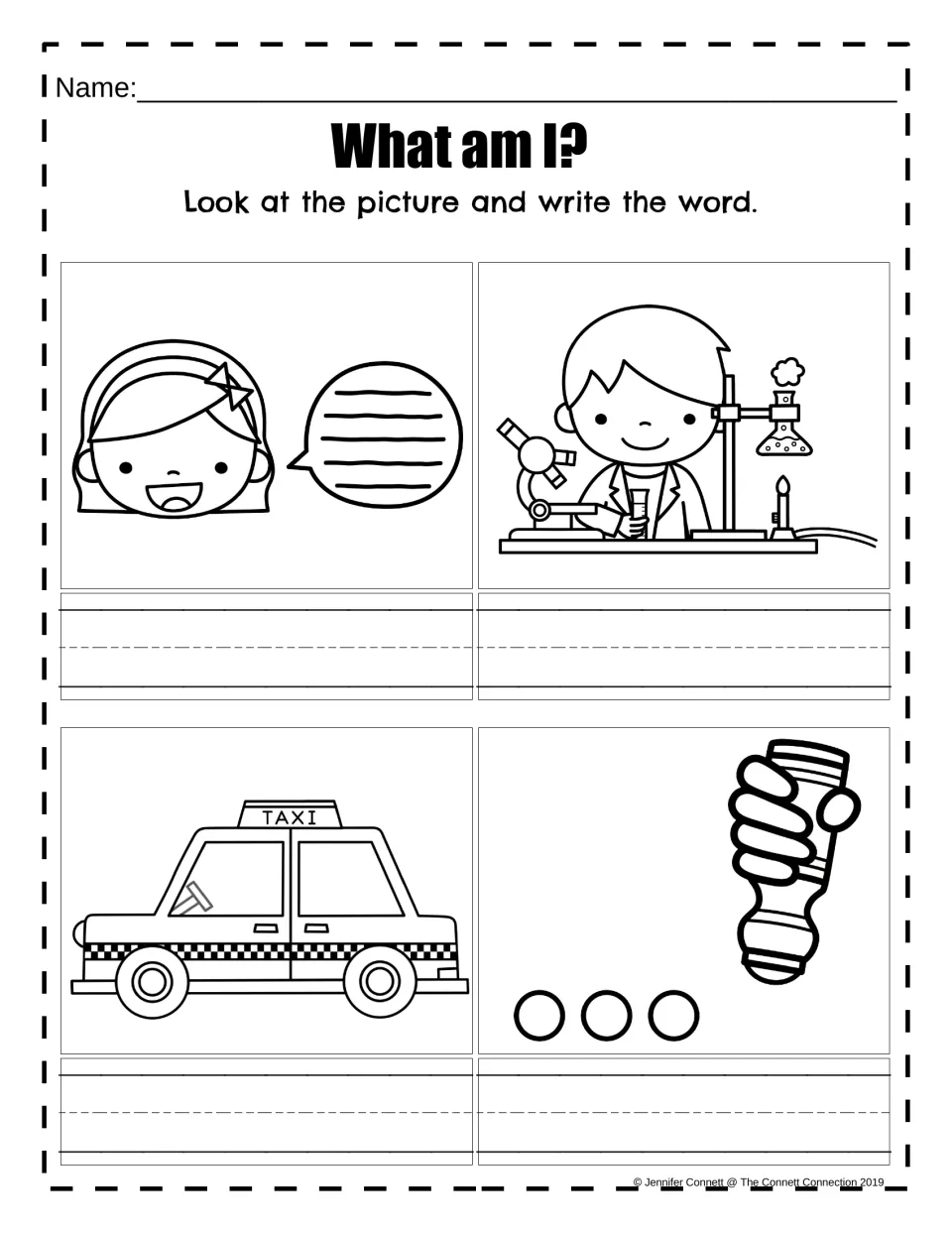 What am I?: students look at four pictures (girl talking, science lab, taxi, hand dabbing) and write each -ab word