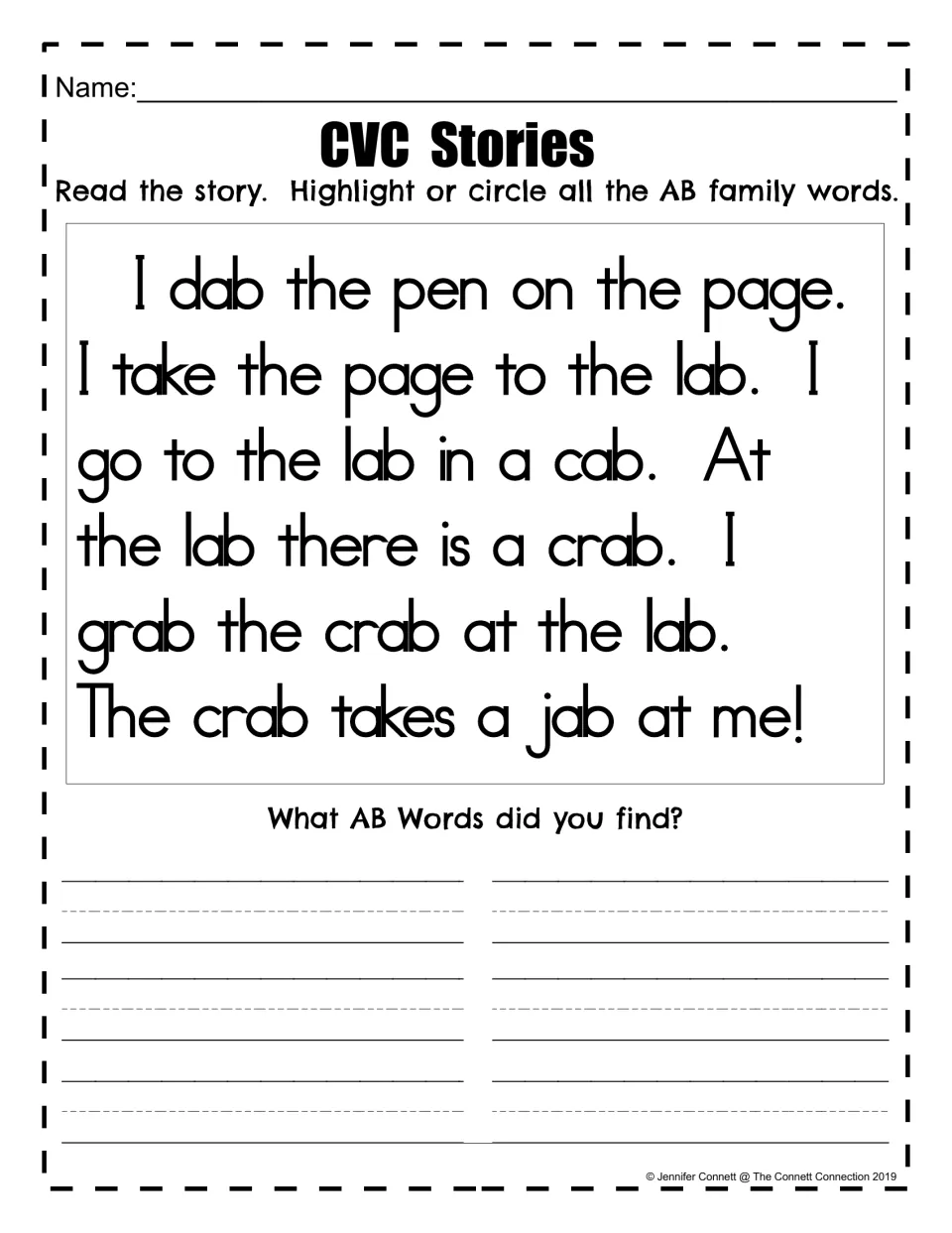 CVC Stories: students read a short story about a crab at the lab, circle the AB family words and list them below