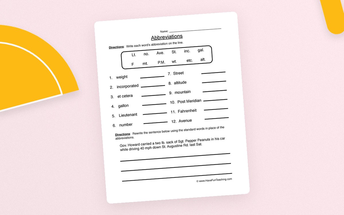Abbreviations Fill in the Blank Worksheet preview: List of full words to convert into abbreviations