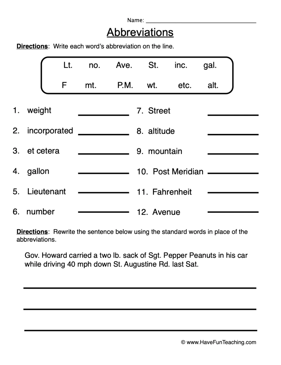 Abbreviations: students write the short form of 12 words from a word bank, then rewrite a sentence using the full words