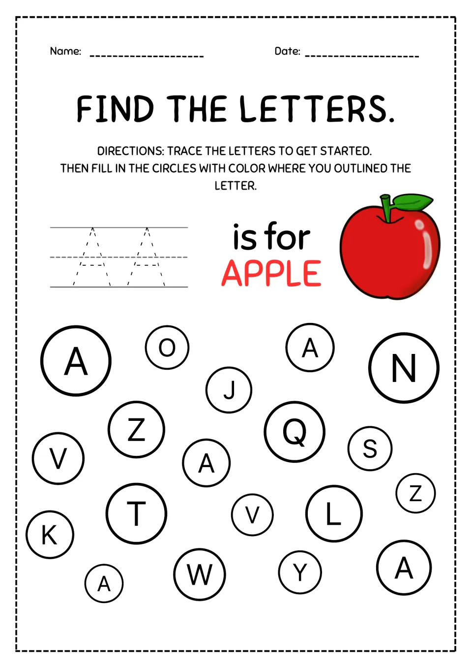 Letter A, A is for apple: students trace two capital As, then color the 5 circles holding A among mixed letters