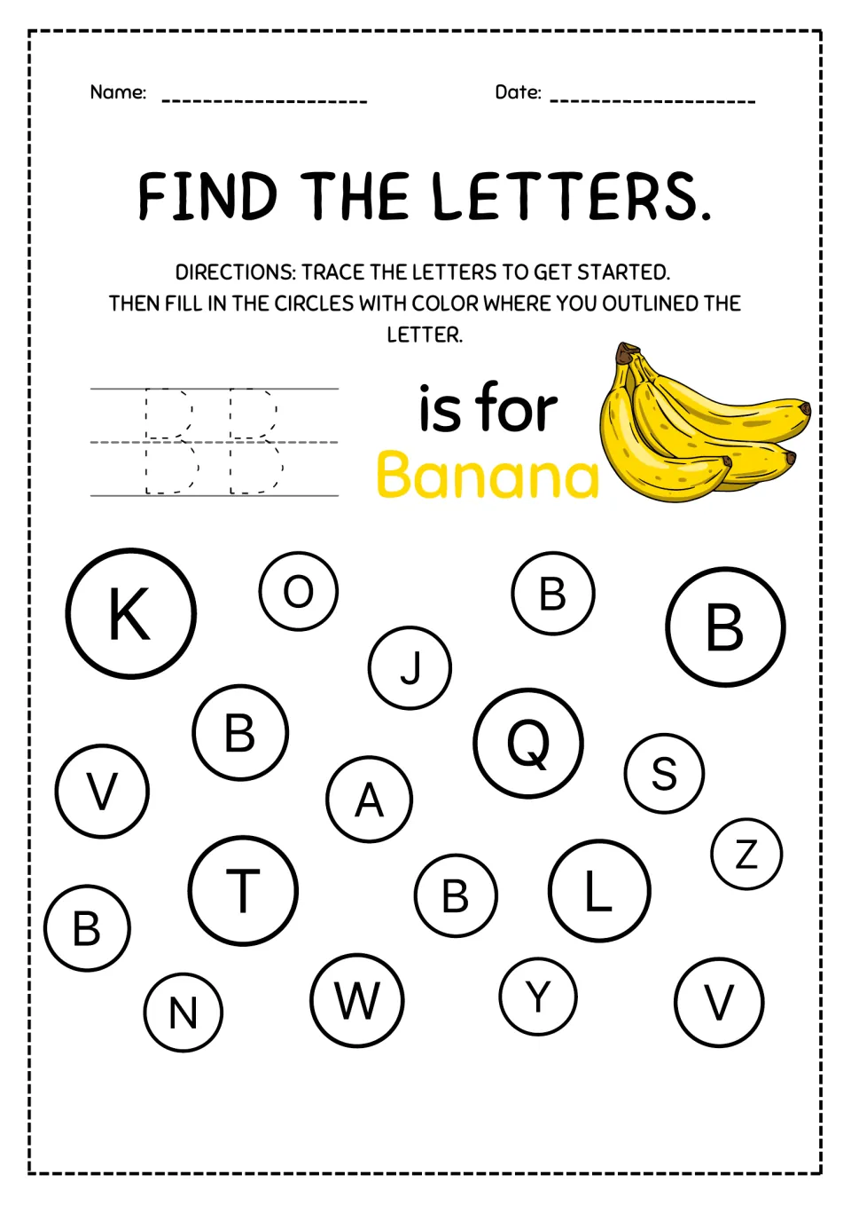 Letter B, B is for banana: students trace two dotted capital Bs, then find and color the 5 B circles in the scatter
