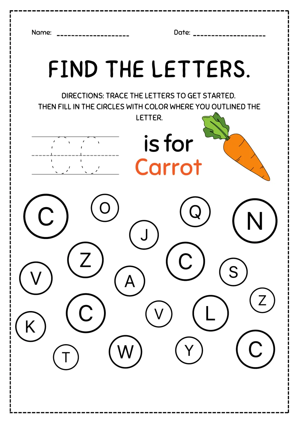 Letter C, C is for carrot: students trace two capital Cs, then color the 4 circles with C hidden among other letters