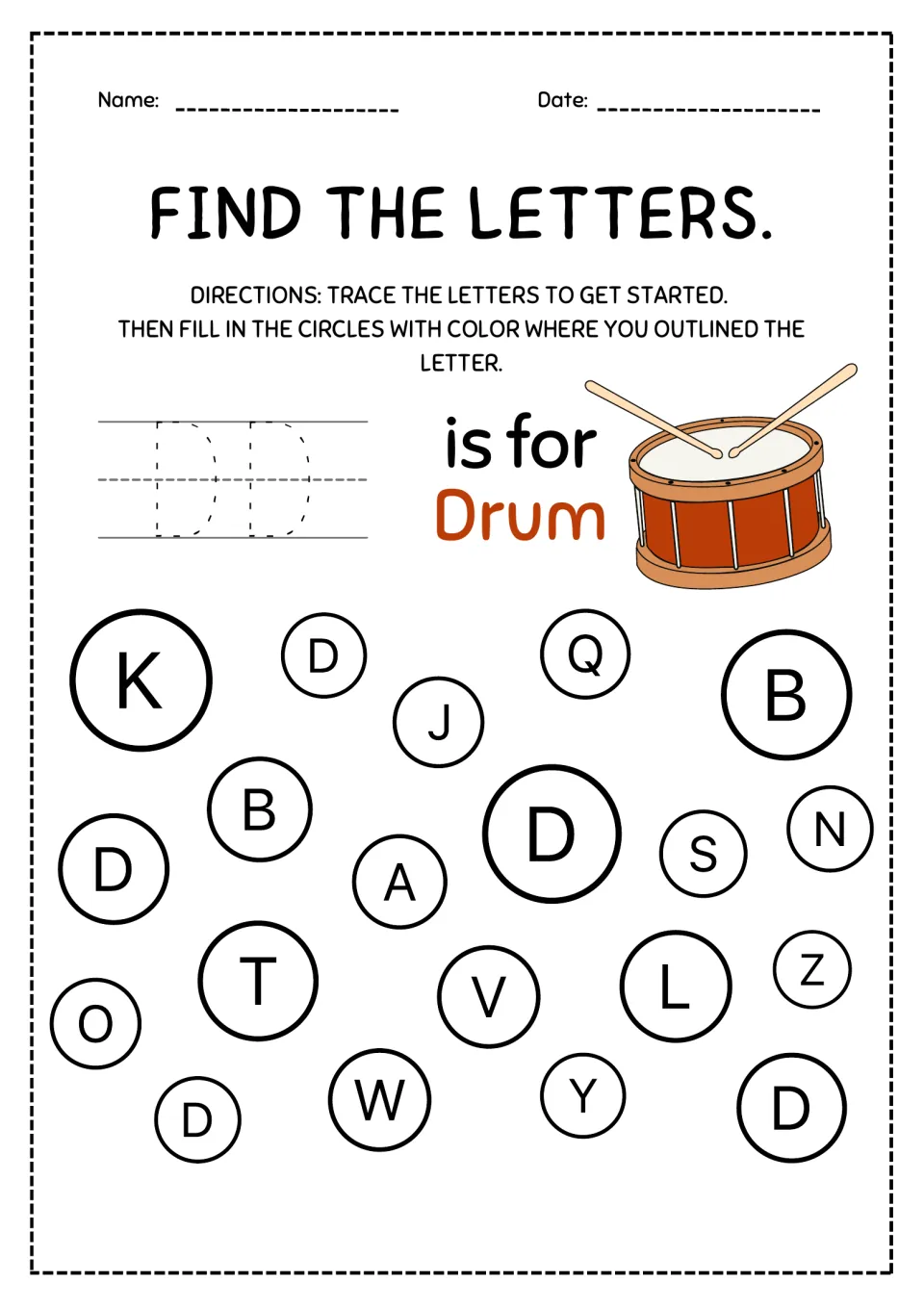Letter D, D is for drum: students trace two capital Ds, then color the 5 circles showing D, telling it apart from B and O