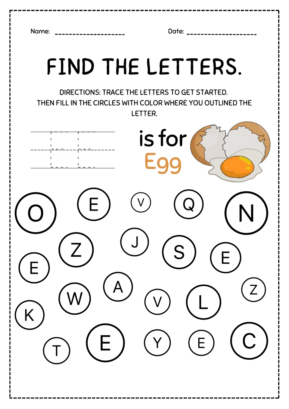 Letter E, E is for egg: students trace two capital Es, then search the letter circles and color the 5 that show E