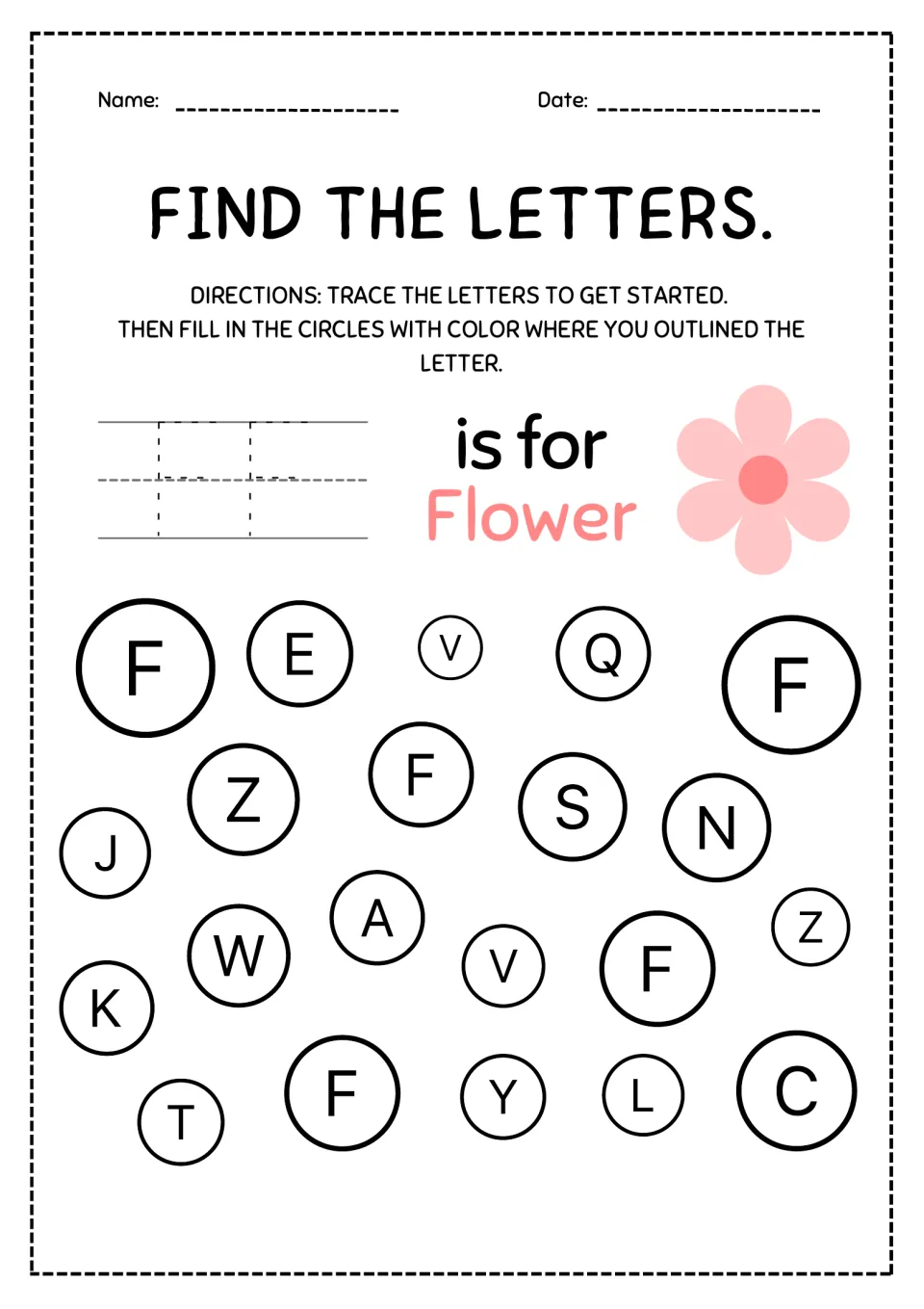 Letter F, F is for flower: students trace two capital Fs, then color the 5 F circles, telling F apart from E nearby
