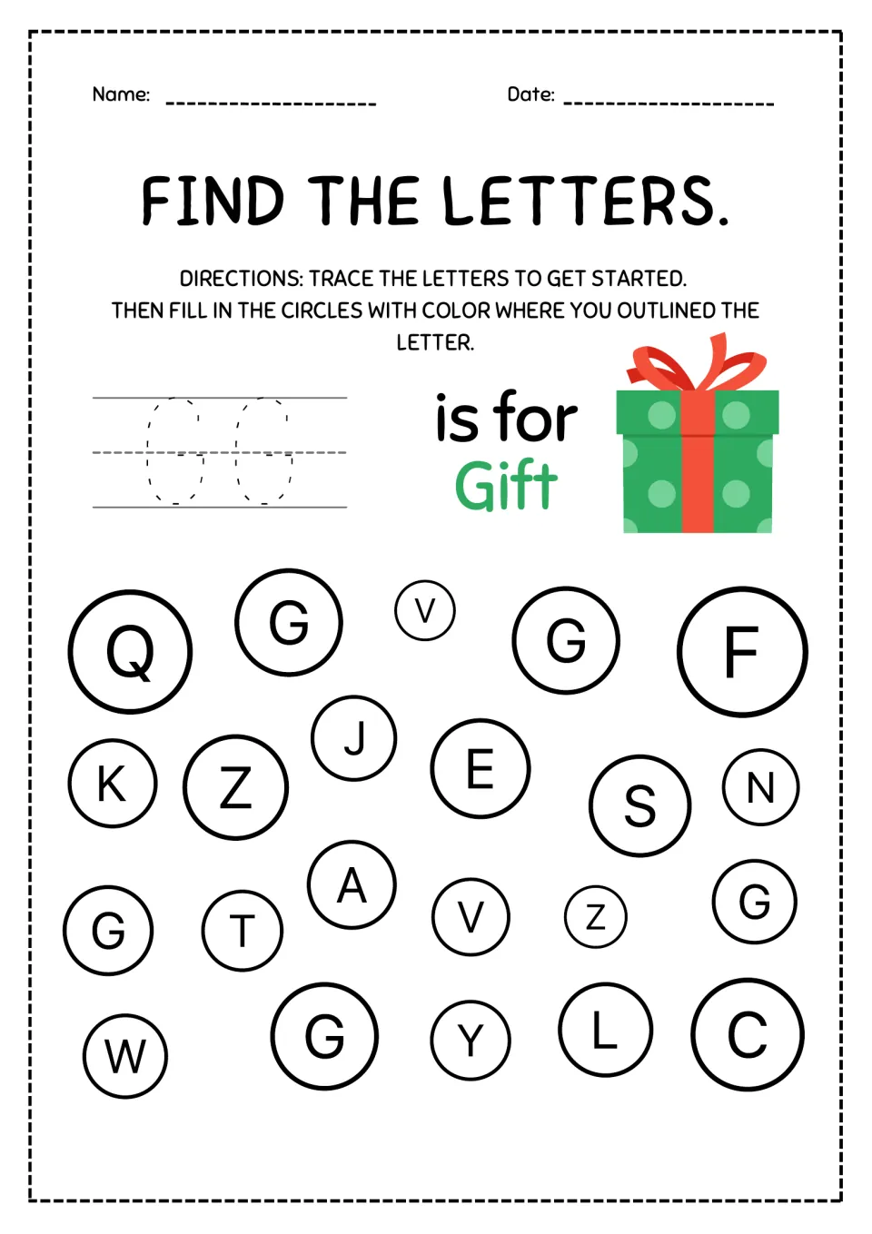 Letter G, G is for gift: students trace two capital Gs, then color the 5 circles with G, avoiding look-alikes C and Q