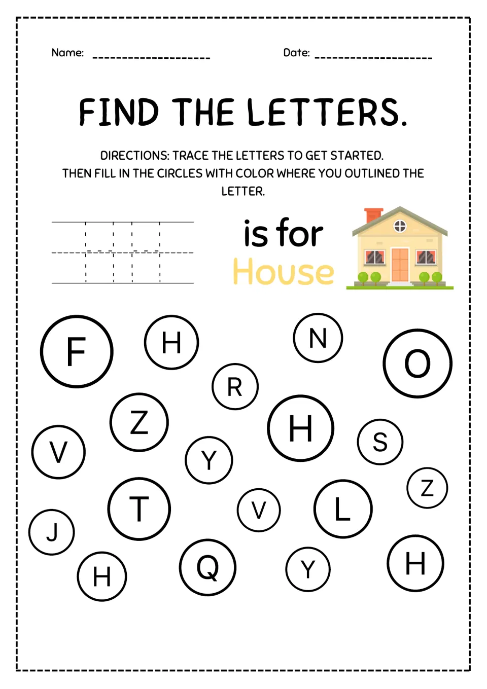 Letter H, H is for house: students trace two capital Hs, then find and color the 4 circles that show the letter H