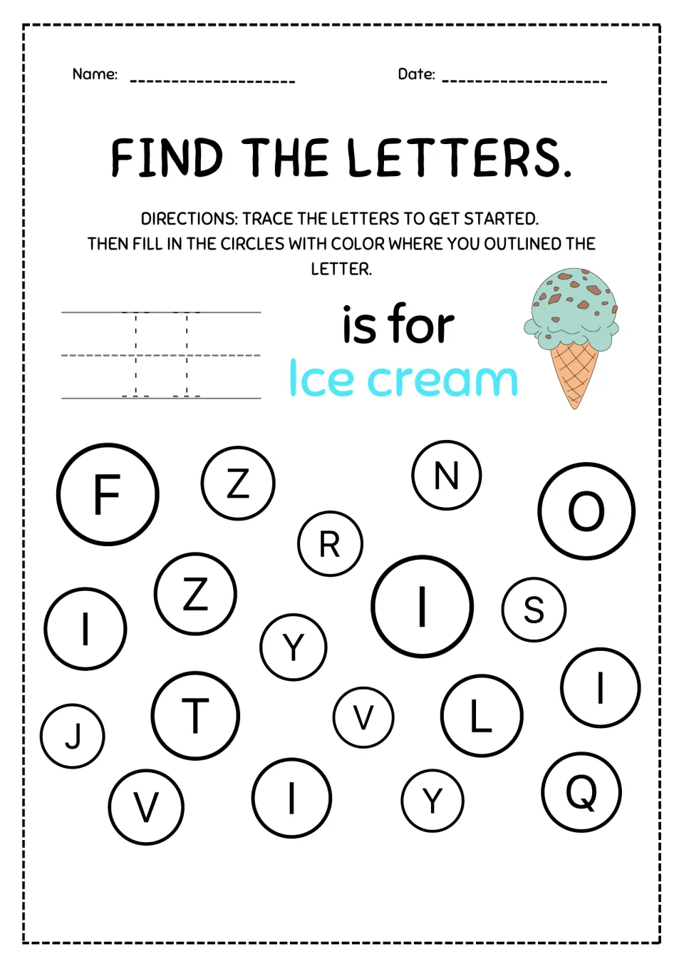 Letter I, I is for ice cream: students trace two capital Is, then color the 4 circles with I among letters like L and T