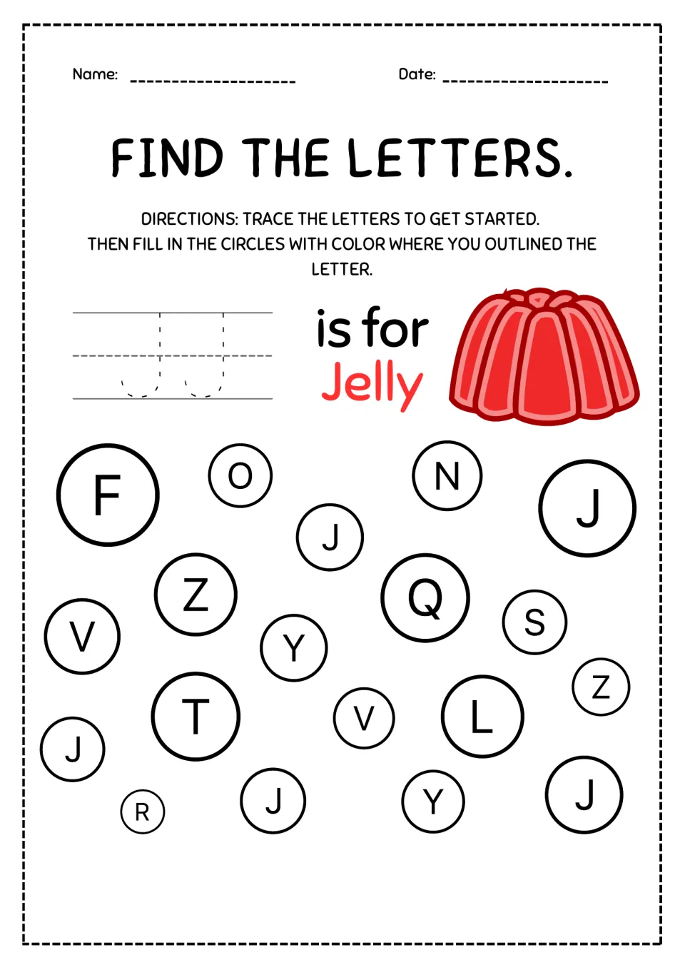 Letter J, J is for jelly: students trace two capital Js, then color the 5 J circles scattered among other letters