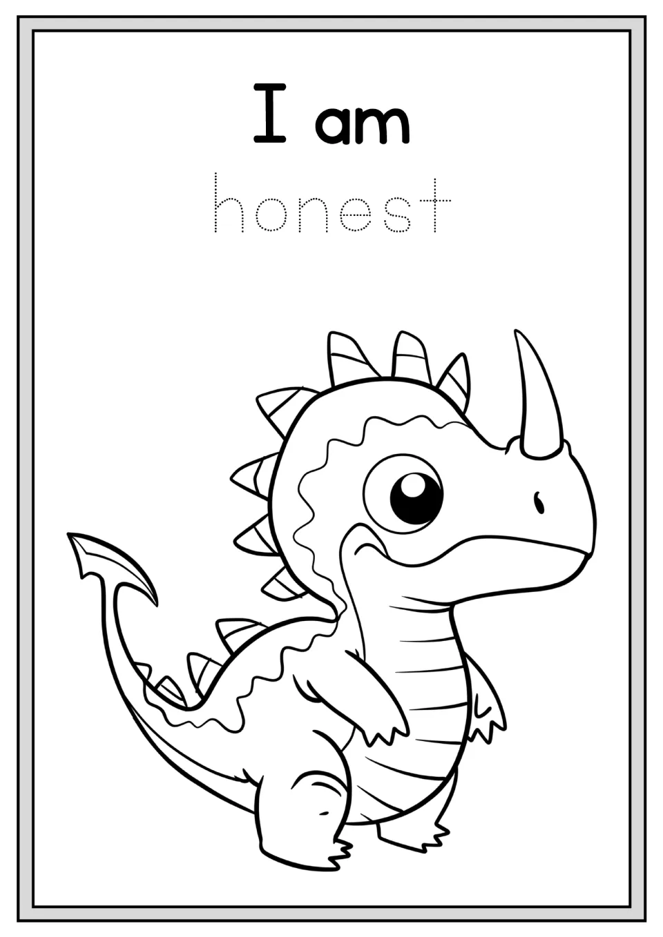 Alphabet affirmation coloring activity: 'I am honest', with the word 'honest' to trace and a dinosaur to color