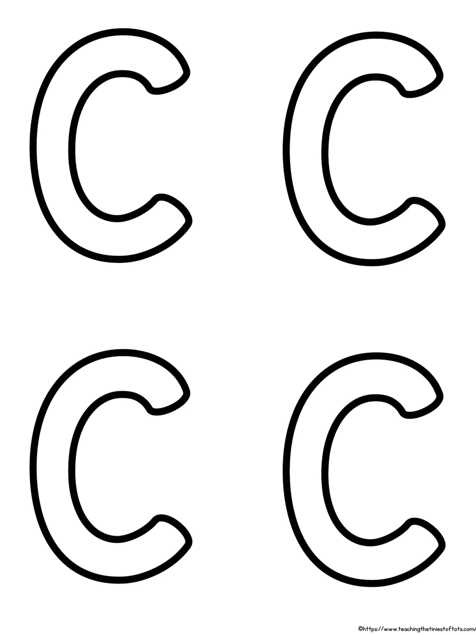 Letter C template: four large bubble-letter outlines of uppercase C for students to color or trace, cut out and glue