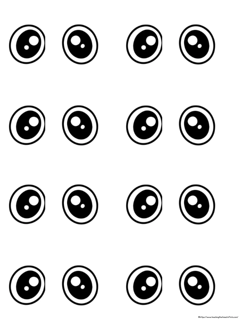 Cartoon eyes: 16 round black eyes with white highlights, set in pairs for students to cut out and add to their craft