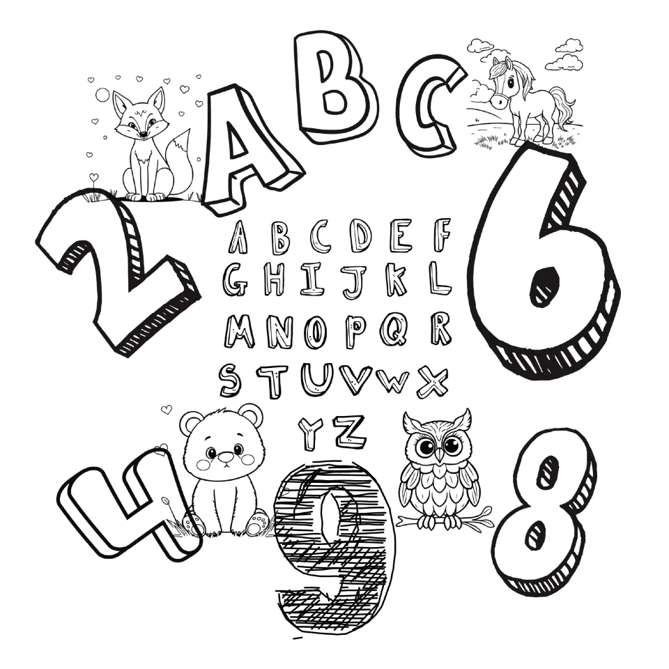 Alphabet and number coloring book cover: outlined A to Z letters, big numbers 2, 4, 6, 8, 9 and a fox, pony, bear and owl