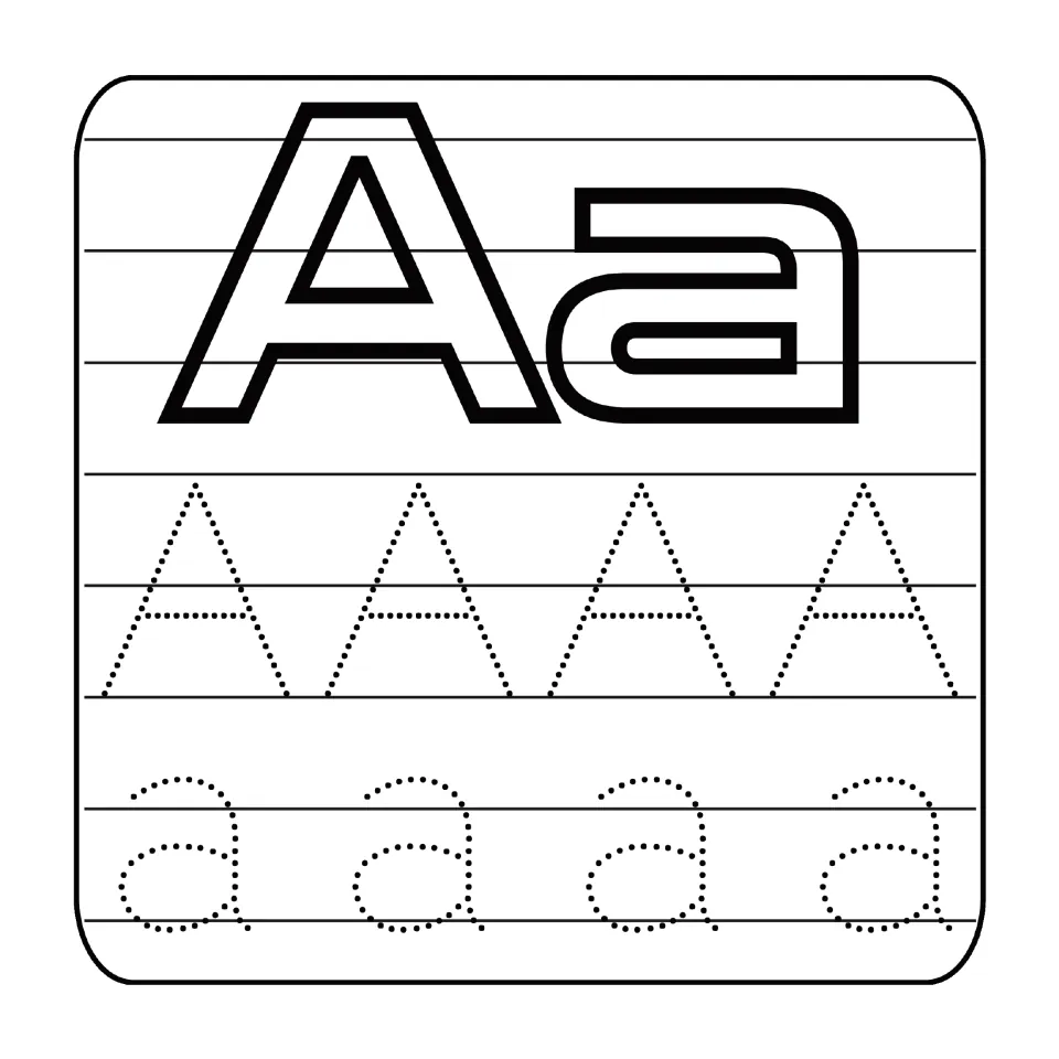 Letter A handwriting practice: children color the outlined Aa, then trace four dotted capital A and four lowercase a