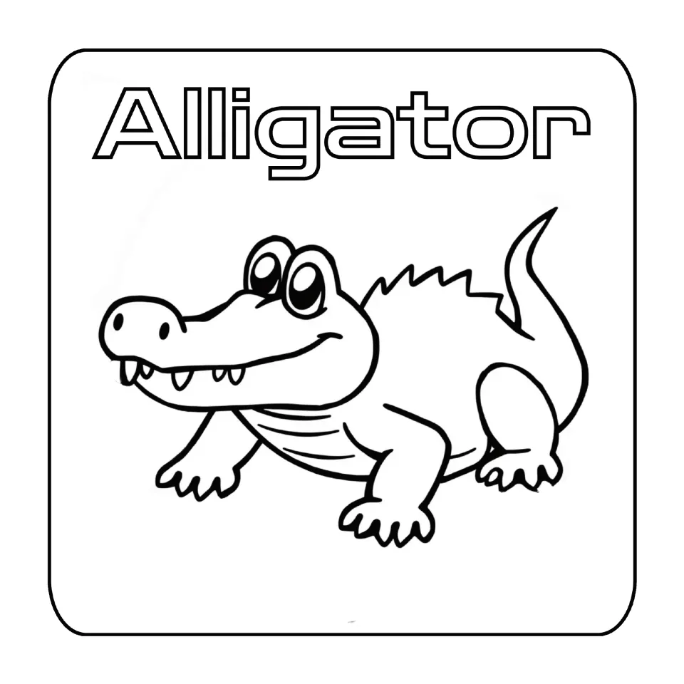 Alligator coloring page: children color a smiling cartoon alligator under the outlined word Alligator, an A word