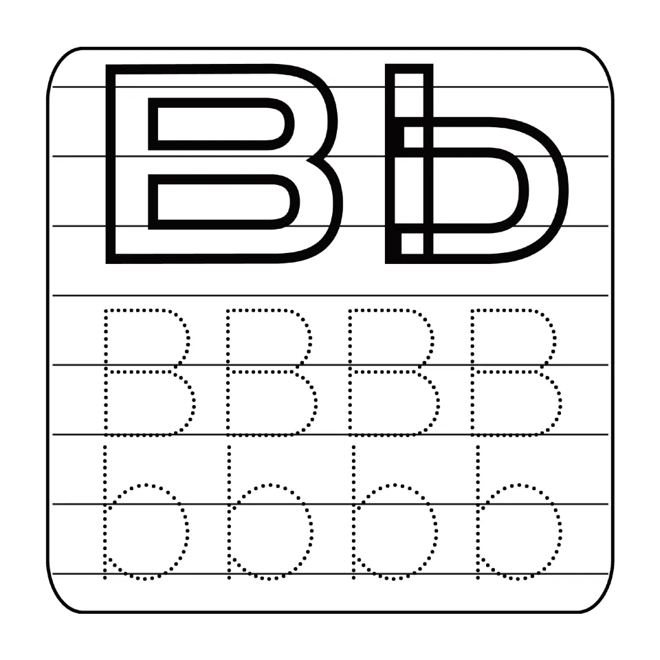 Letter B handwriting practice: children color the outlined Bb, then trace four dotted capital B and four lowercase b