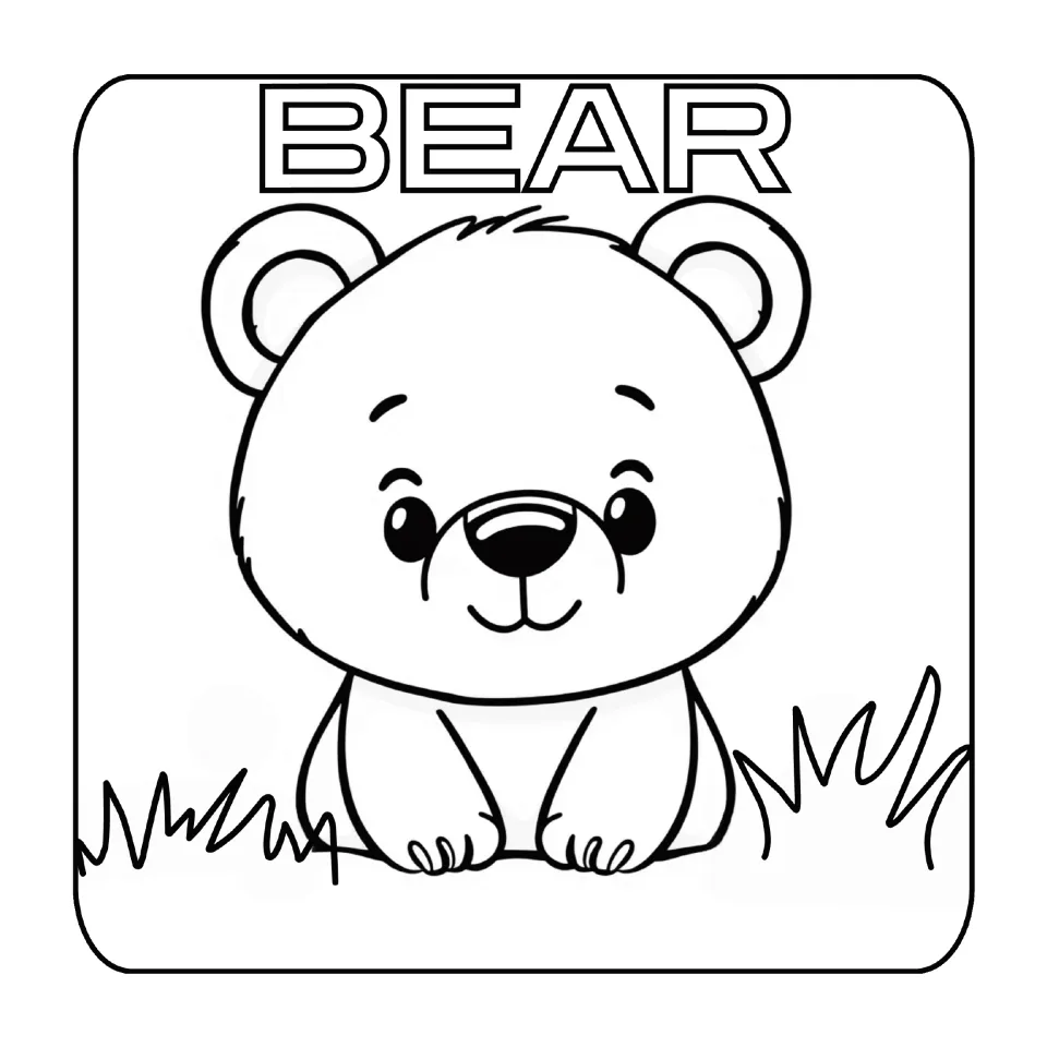 Bear coloring page: children color a cub sitting in grass below the outlined word BEAR, matching the letter B