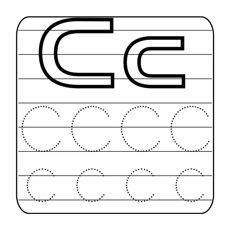 Letter C handwriting practice: children color the outlined Cc, then trace four dotted capital C and four lowercase c