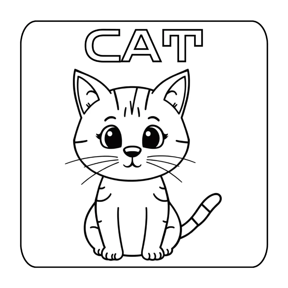 Cat coloring page: children color a sitting striped kitten under the outlined word CAT, a word that starts with C