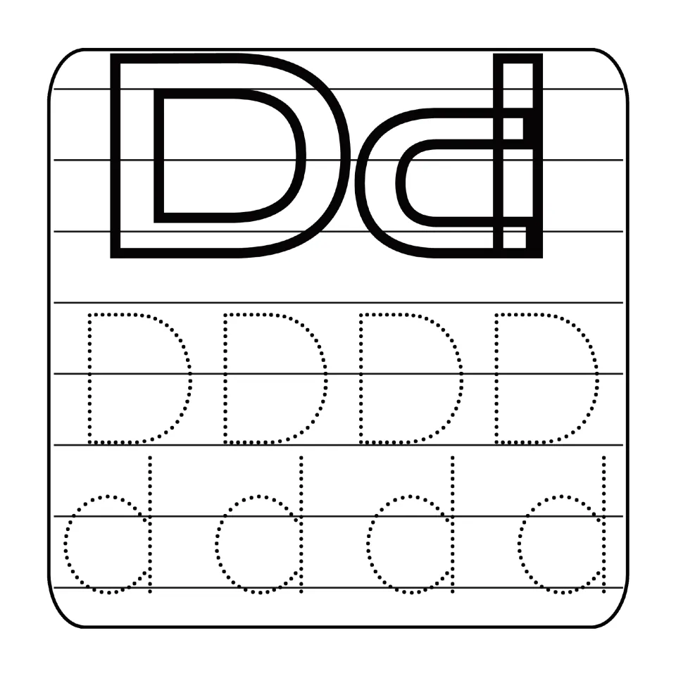 Letter D handwriting practice: children color the outlined Dd, then trace four dotted capital D and four lowercase d